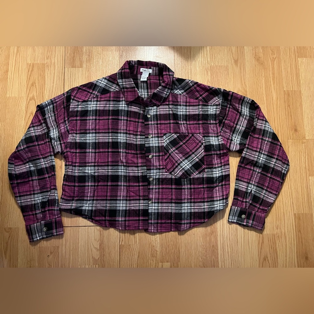 Pink and Black Plaid Cropped Button-Up Shirt